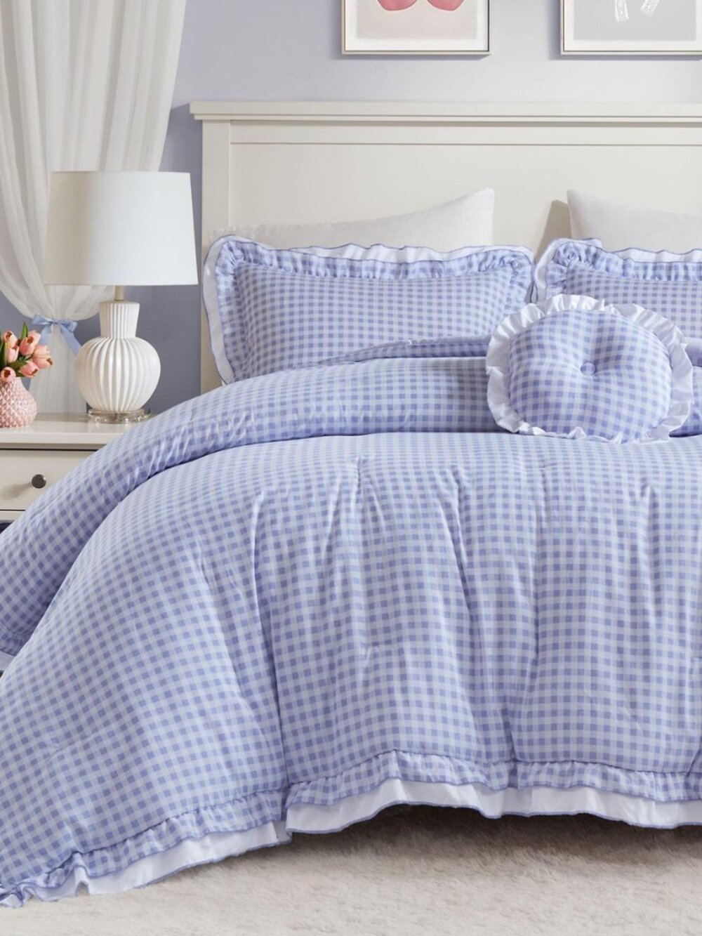 Gingham Ruffled Vintage Blue Queen Comforter Set, 4pc